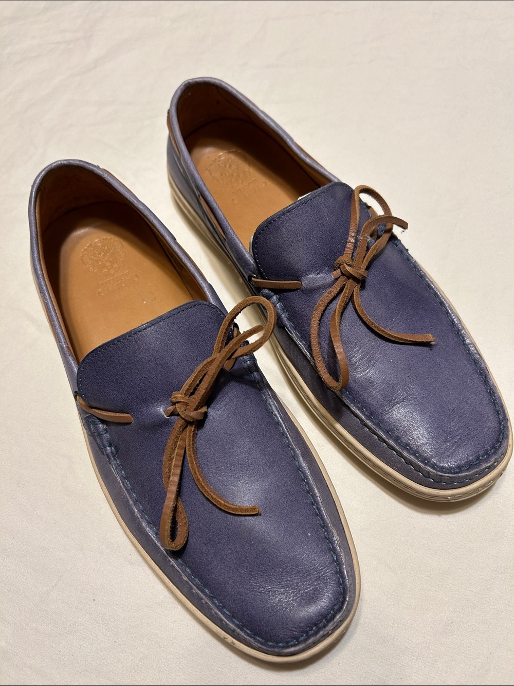 Vince Camuto Navy Leather Moc-Toe Boat Loafers with Brown Laces